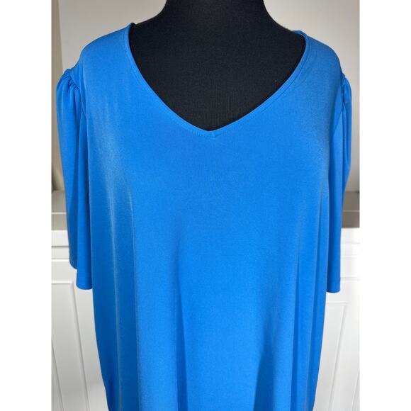 Susan Graver Liquid Knit Short Sleeve Blouse Top Solid Blue Sz 2X Casual Office - Picture 3 of 11
